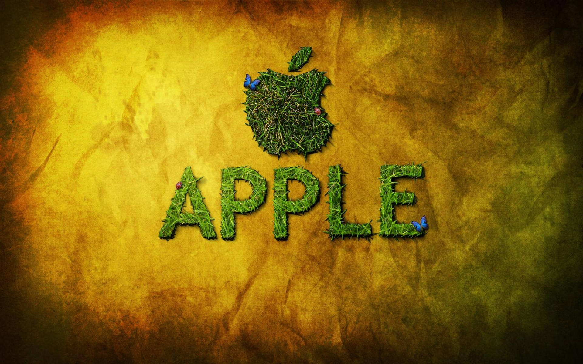 macOS 桌布 壁紙 — 帶有草紋理的Apple標誌和Apple字樣，在風化的黃棕色紙張背景上，有蝴蝶。