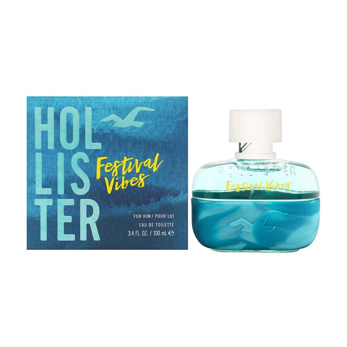 Hollister 桌布 壁紙 — 帶有藍色調的Hollister Festival Vibes香水瓶和盒子，在紋理海洋背景上展示海鷗圖案。