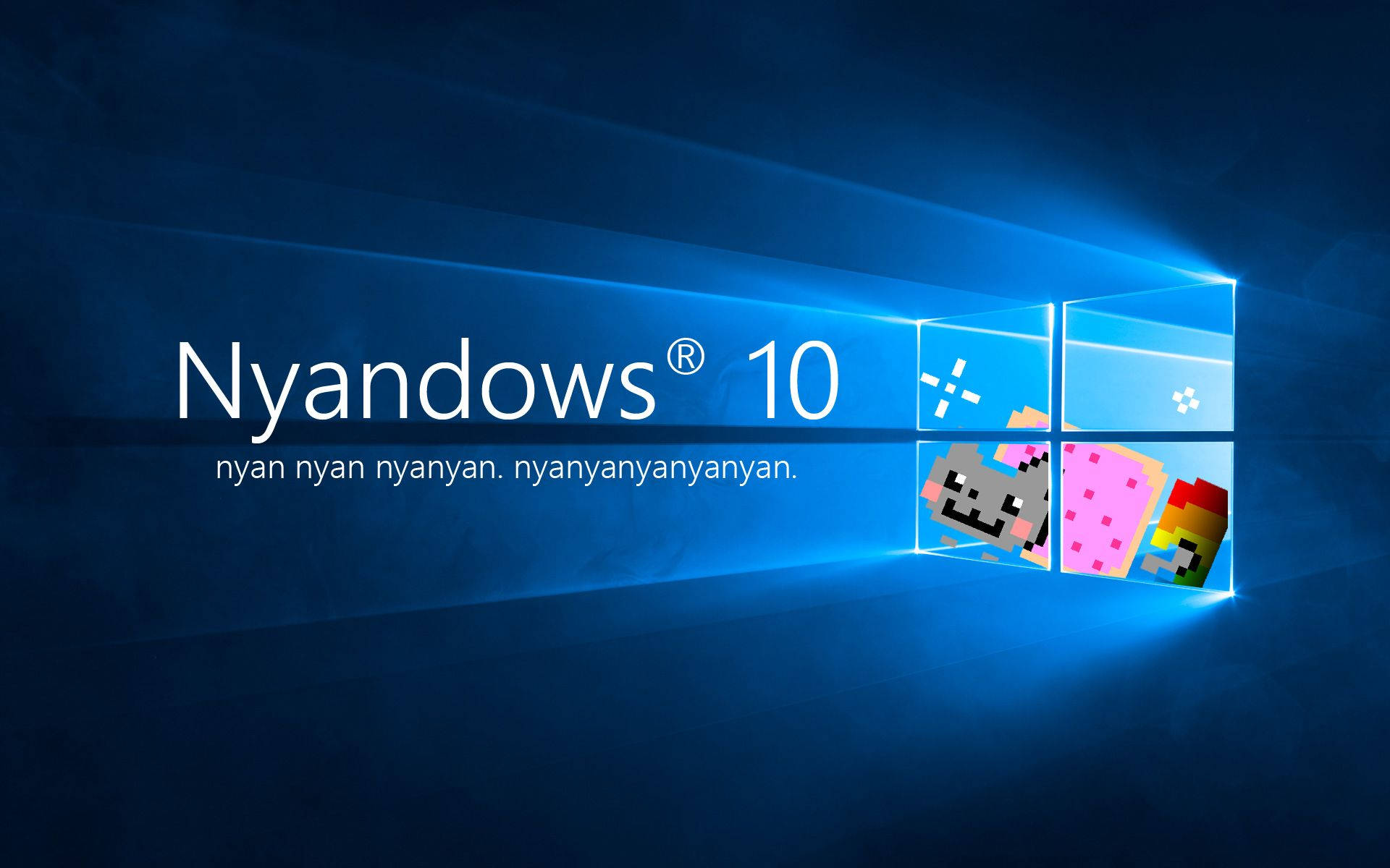 貓迷因 桌布 壁紙 — 帶有藍色調的Windows 10標誌，以像素化的Nyan Cat和Pop It玩具取代窗格。