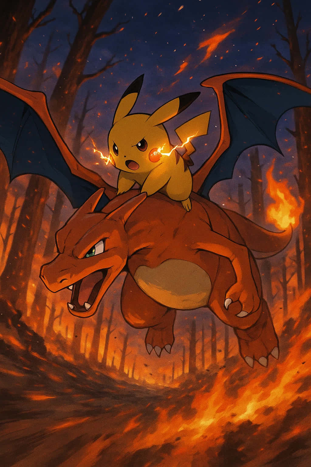 Pikachu HD Wallpaper WEBP 4K Background Download 壁紙 — 帶有蝙蝠翅膀的皮卡丘騎著咆哮的噴火龍穿過夜晚的火焰森林。