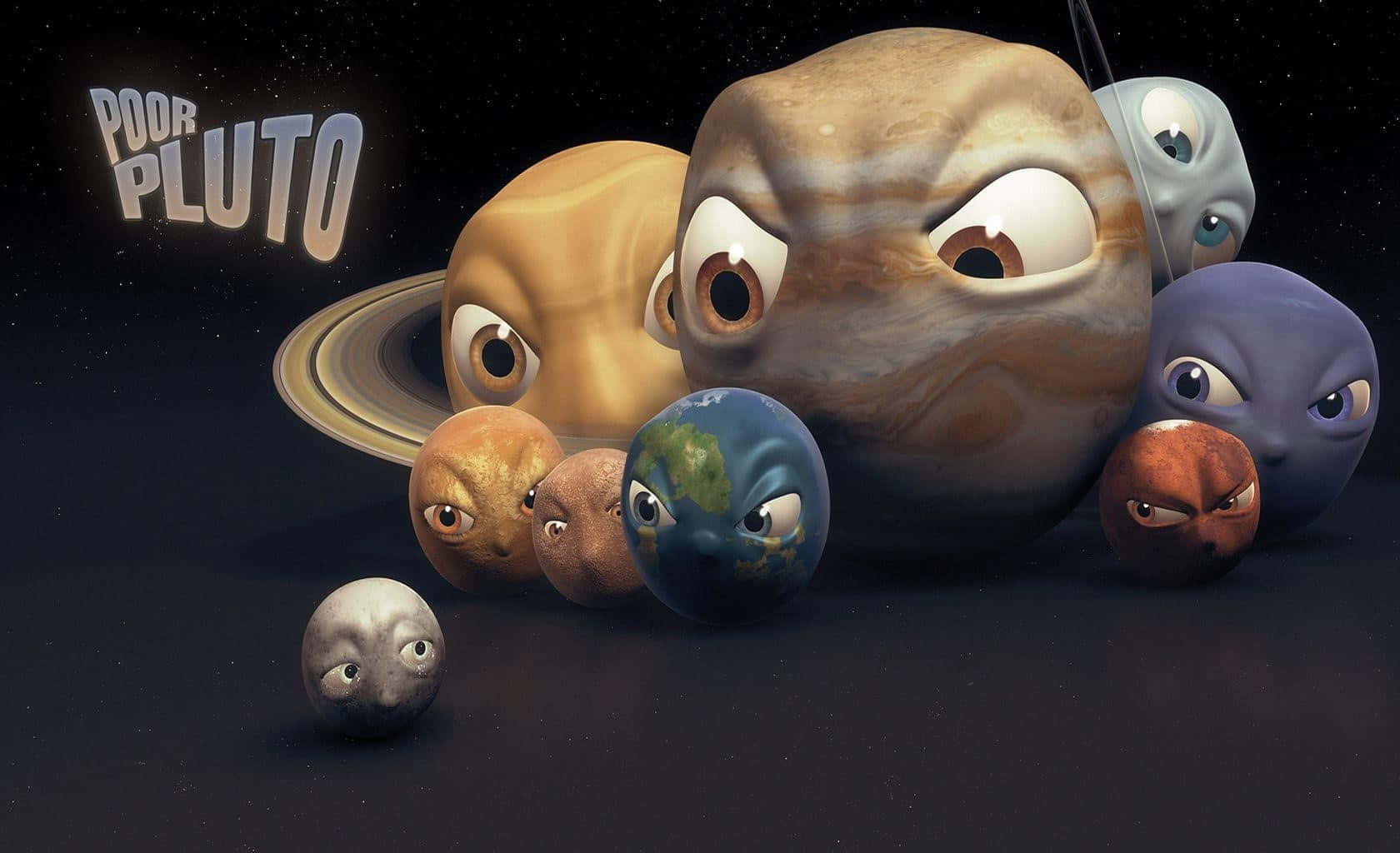 pluto 桌布 壁紙 — 帶有表情眼睛的卡通行星聚集在太空中，土星和木星籠罩著較小的世界，下方有 'Poor Pluto' 文字。
