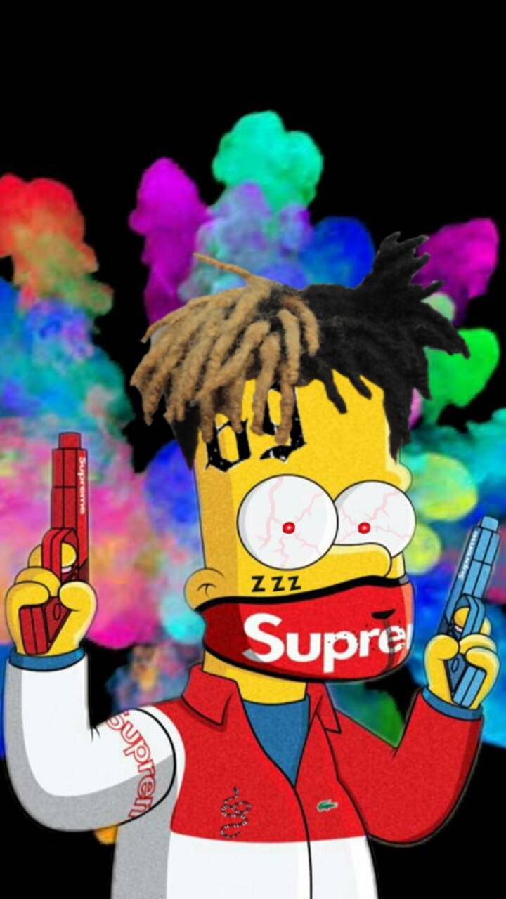 Cool Bart Simpson 桌布 壁紙 — 帶有辮子頭和Supreme裝備的辛普森角色，在鮮豔多彩的煙霧背景下手持兩把槍。