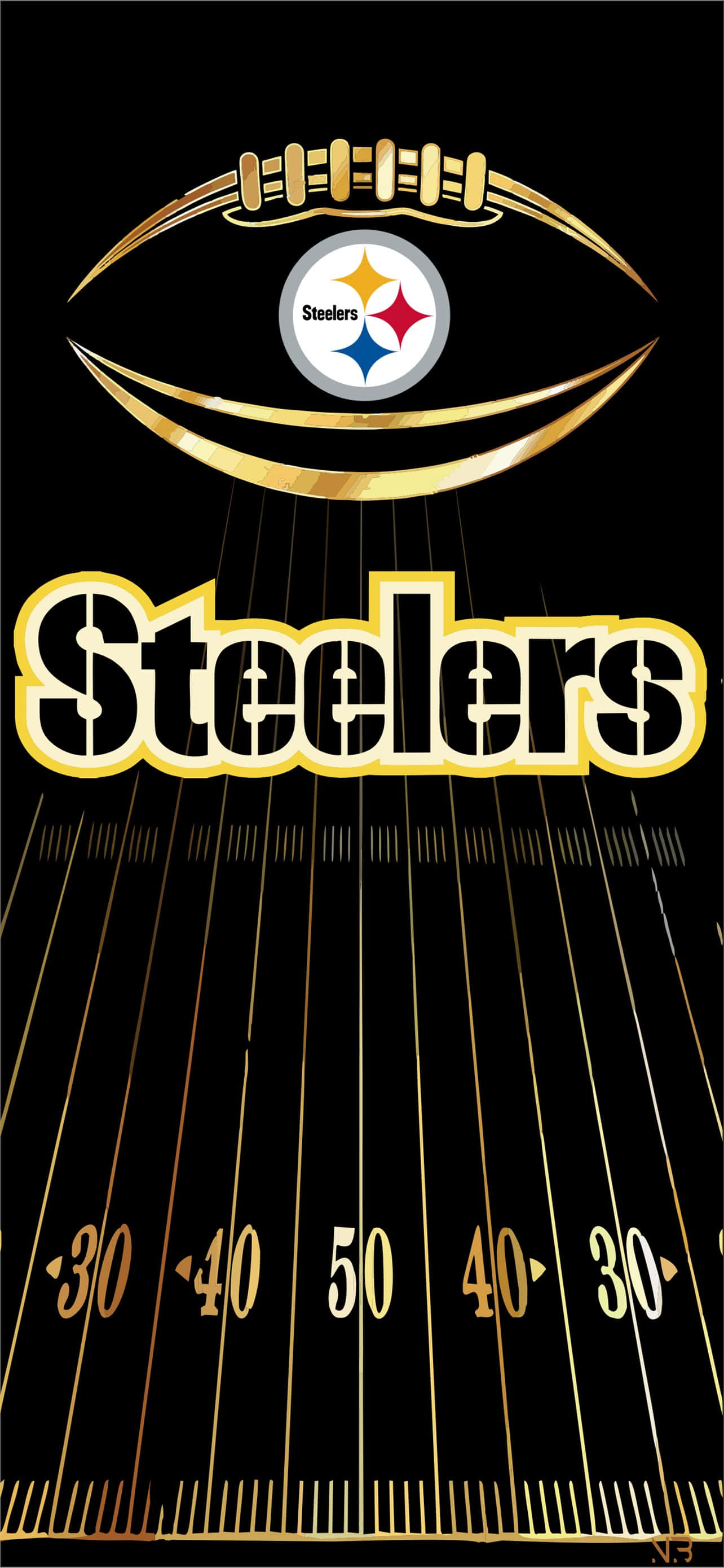 Steelers iPhone 桌布 壁紙 — 帶有鋼人隊標誌的金色足球懸浮在帶有金色碼線和數字的黑色球場上方。