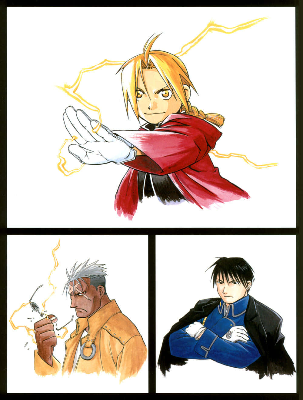 Fullmetal Alchemist Scar 桌布 壁紙 — 帶有閃電效果的動漫角色，一個穿紅色斗篷，另一個穿橙色外套，還有一個穿藍色制服。
