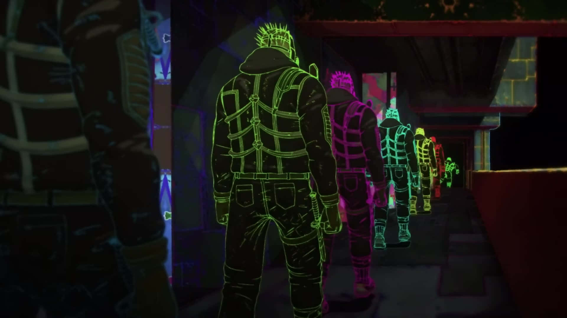 dorohedoro 桌布 壁紙 — 帶有霓虹輪廓的戰術裝備人物在黑暗的走廊中行走，走廊散發著充滿活力的綠色、紫色和藍色色調。
