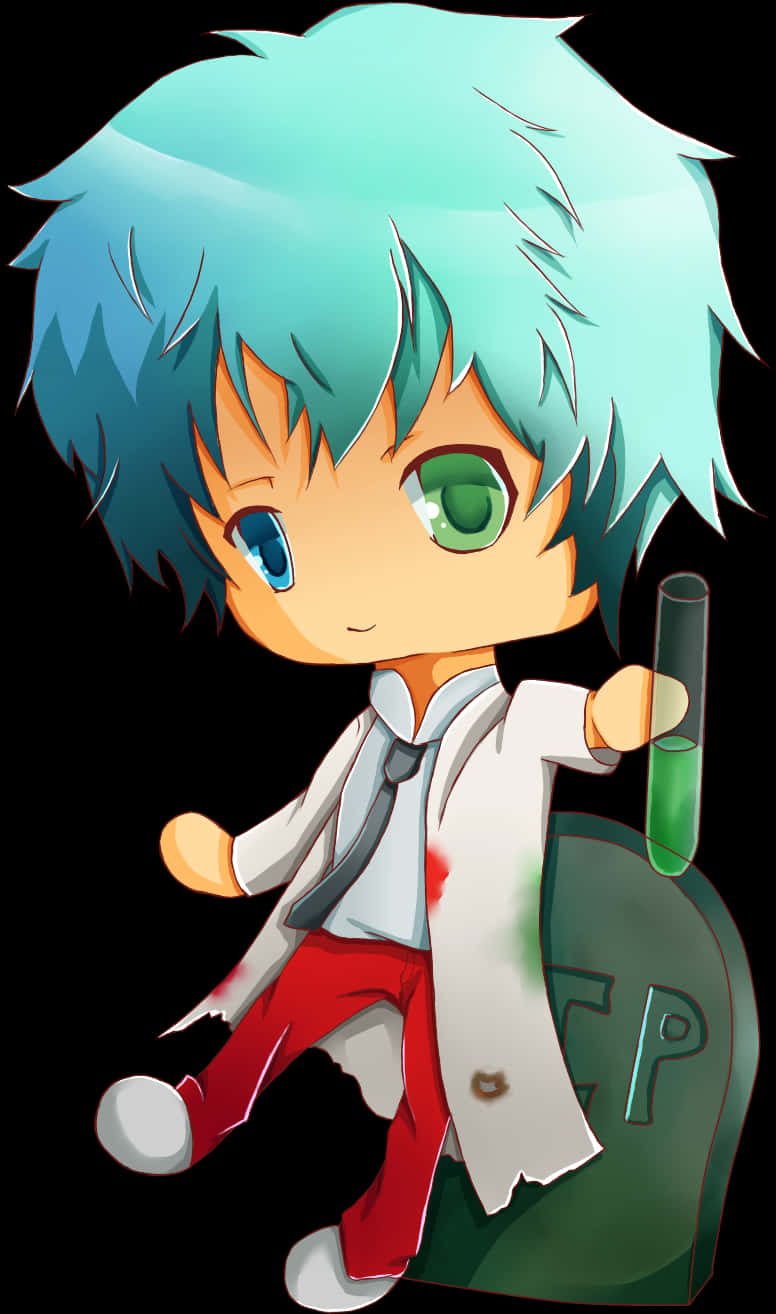 Anime Chibi 桌布 壁紙 — 帶有青綠色頭髮和異色瞳的Q版動畫科學家，在墓碑旁拿著一支綠色試管。