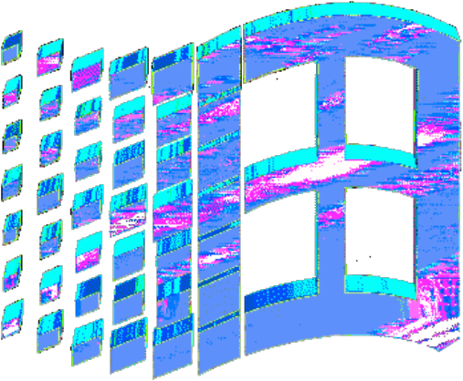 microsoft 桌布 壁紙 — 帶有青色和洋紅色像素扭曲的故障數位窗戶，背景為黑色。