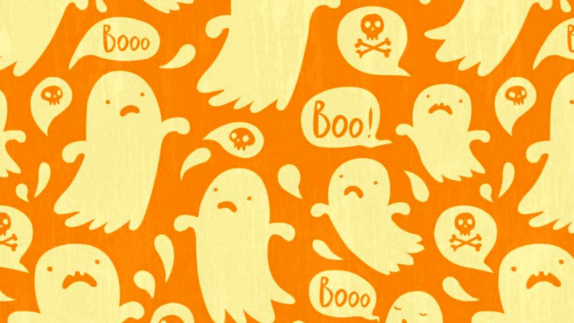 Cute Aesthetic Halloween 桌布 壁紙 — 帶有骷髏圖標和「Boo！」對話框的俏皮奶油色幽靈漂浮在充滿活力的橙色紋理背景上。