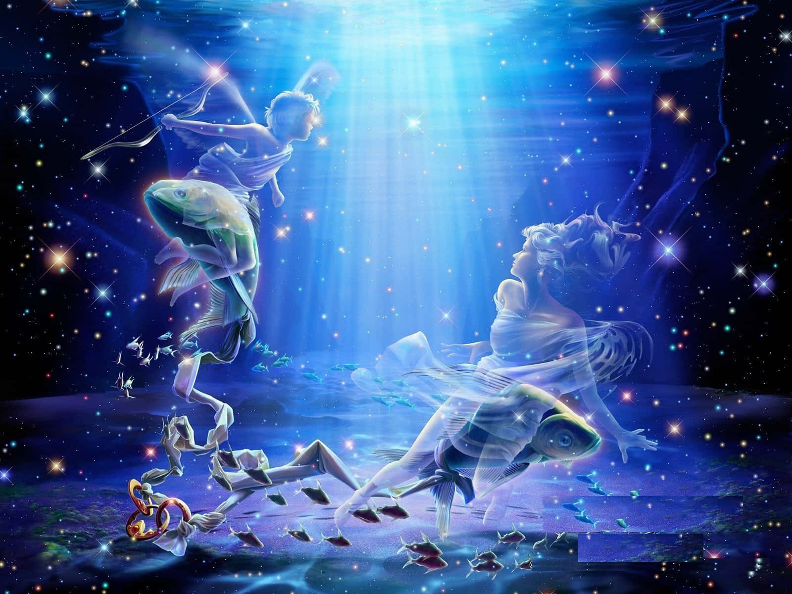 摩羯座 桌布 壁紙 — 帶有魚尾的天體人物在星光燦爛的宇宙海洋中滑行，沐浴在燦爛的藍光中。