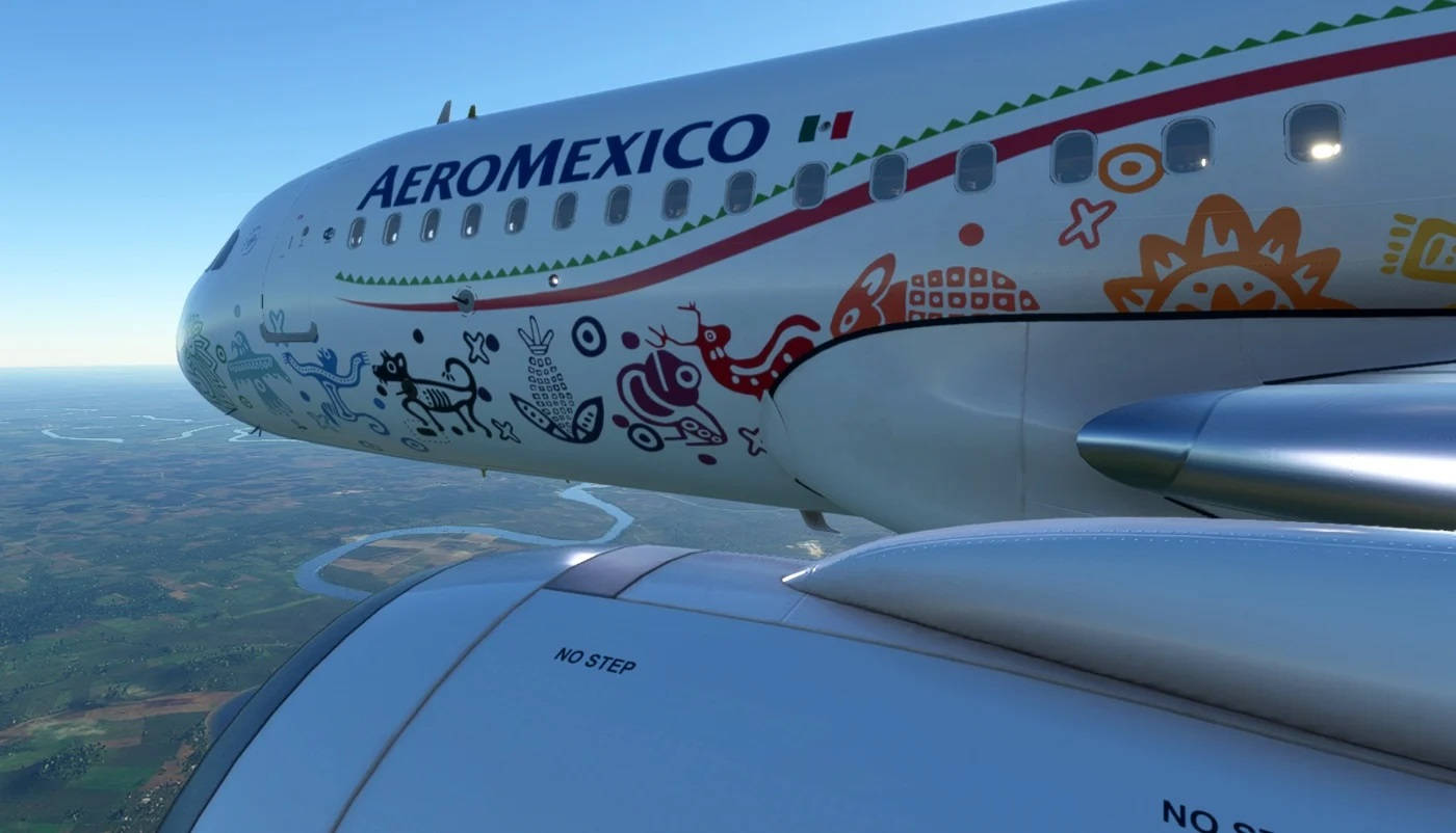 Plane 桌布 壁紙 — 帶有鮮豔原住民藝術的墨西哥航空飛機在晴朗藍天下飛過拼布般的景觀。