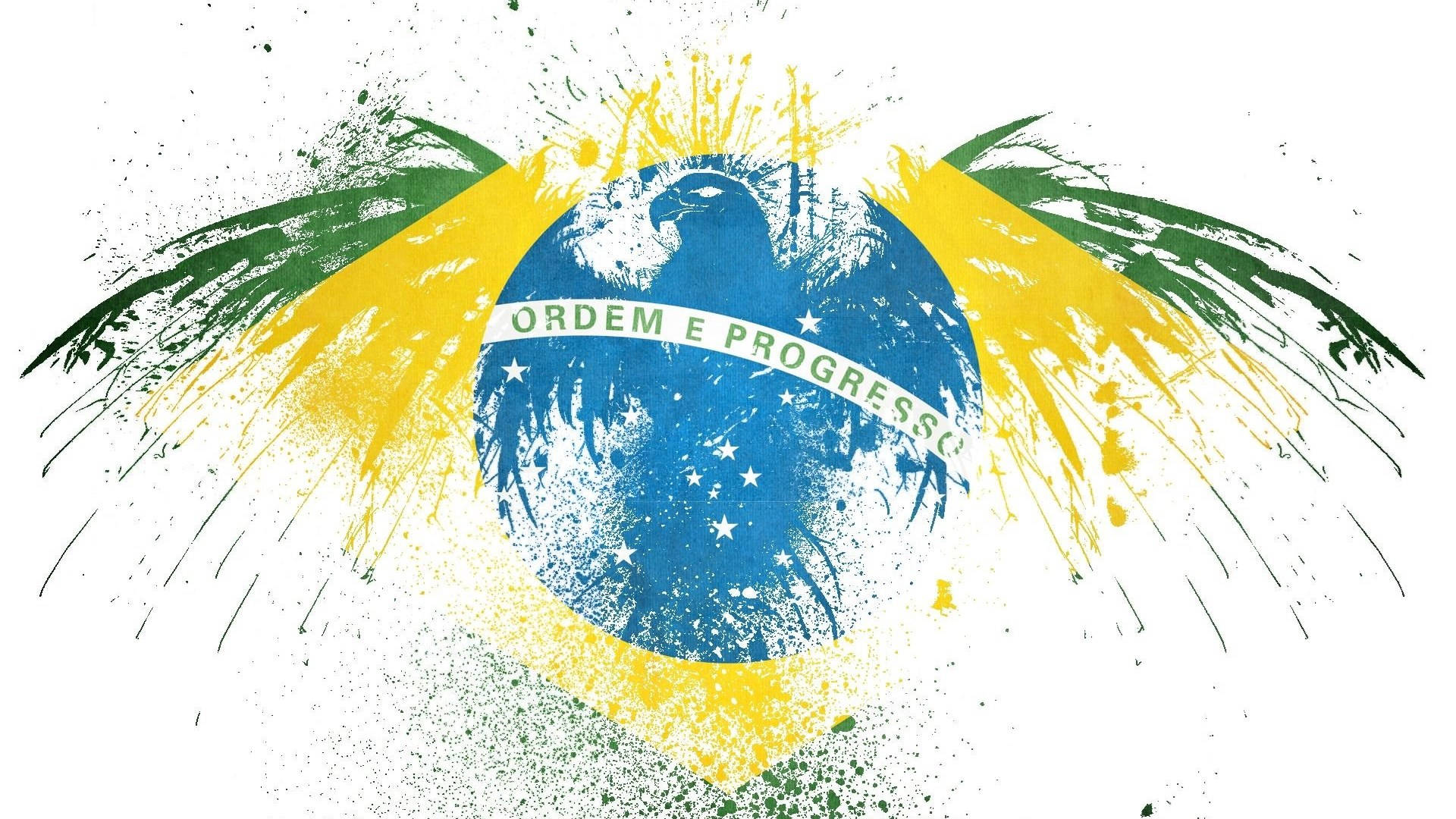Brazil Flag 桌布 壁紙 — 帶有鷹徽的巴西國旗在白色背景上以鮮豔的黃色、綠色和藍色油漆飛濺效果散發光芒。