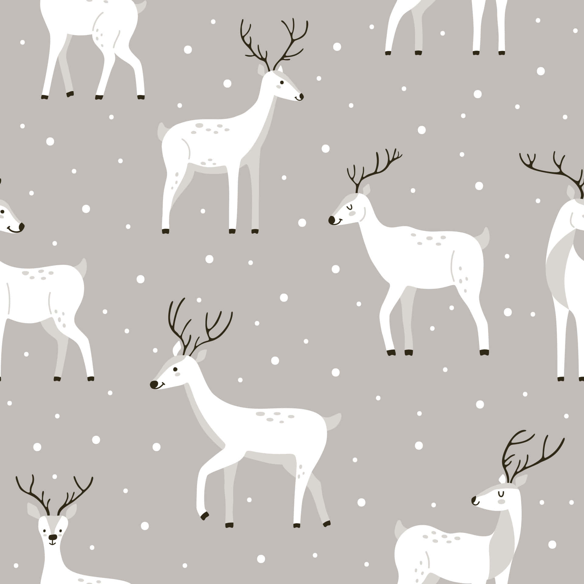 Cute Winter 桌布 壁紙 — 帶有鹿角的白鹿優雅地站在柔軟灰色背景上飄落的雪花中。