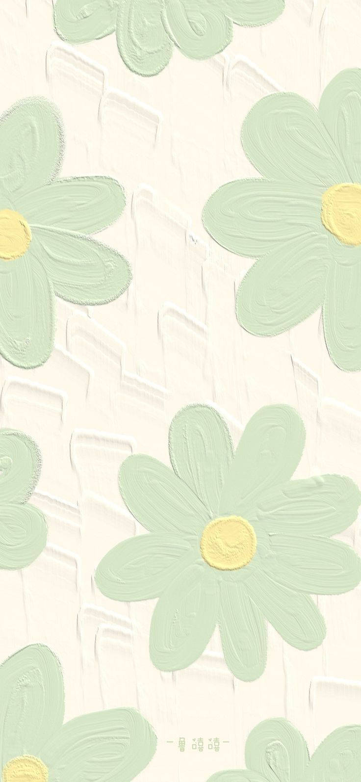 Cute Flower 桌布 壁紙 — 帶有黃色中心的粉綠色雛菊，在紋理奶油色背景上用粗筆觸繪製。