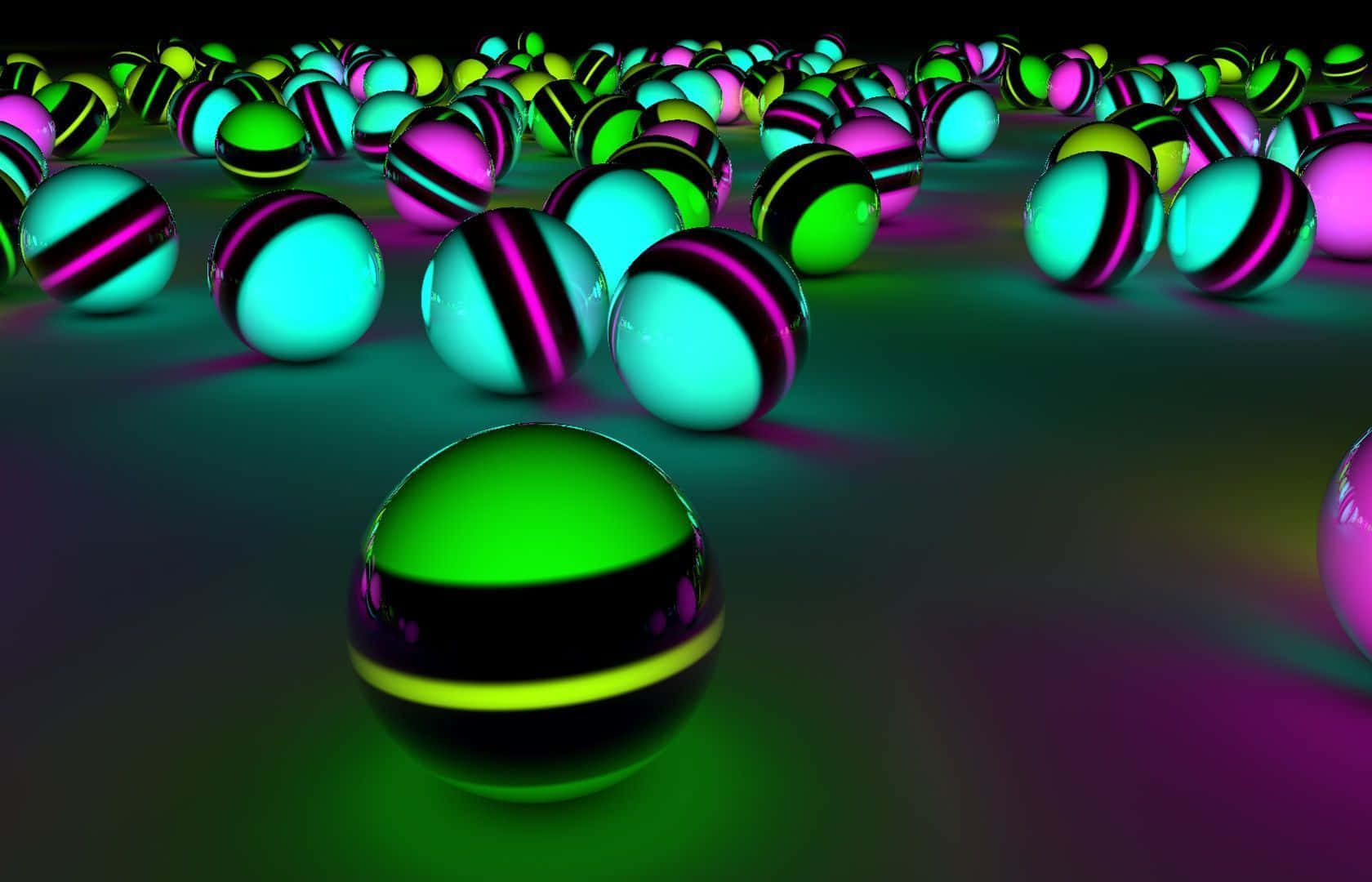 Neon Colors 桌布 壁紙 — 帶有黑色條紋的發光霓虹球體在數位3D渲染場景中將鮮豔的光線反射到黑暗的表面上。