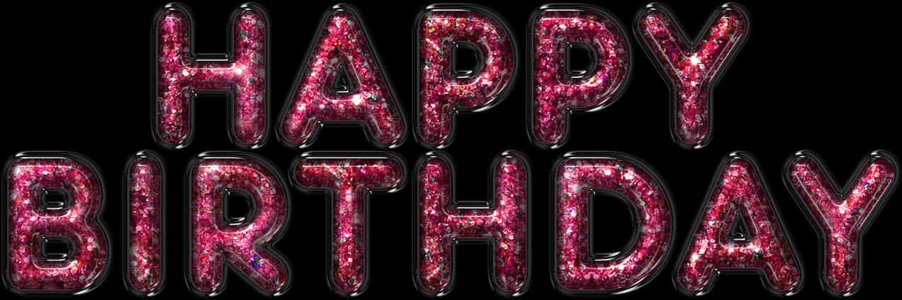 Clip Art 桌布 壁紙 — 帶有黑色輪廓的粗體粉紅色閃亮「HAPPY BIRTHDAY」字母在純黑色背景上發光。