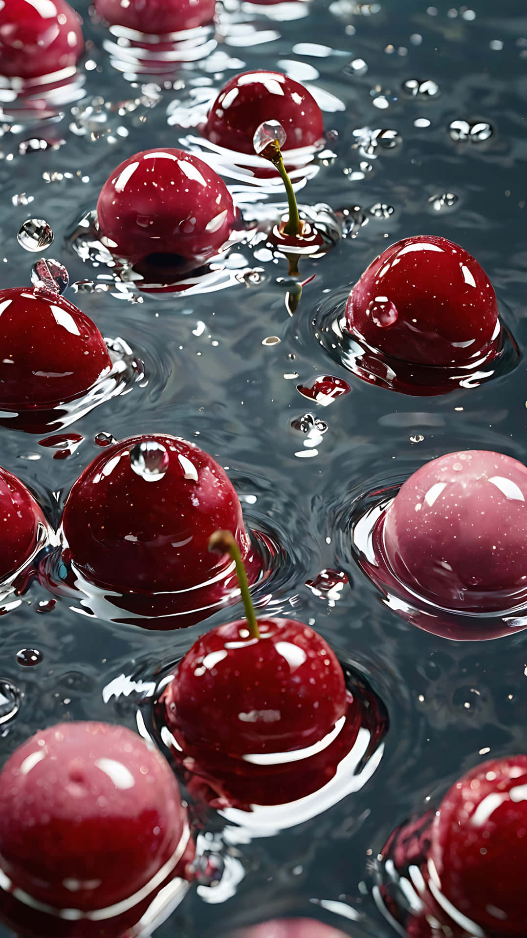 Juicy Cherries Drop – Velvet Shine on Water 52-1 壁紙 — 帶梗的光澤紅櫻桃在暗水中漂浮並泛起漣漪，形成閃爍的水滴和同心波紋。