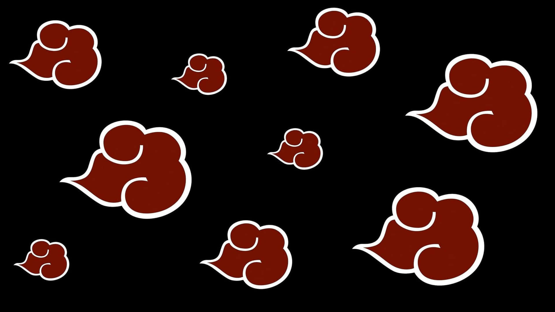 Akatsuki Symbol 桌布 壁紙 — 帶白色輪廓的大膽紅色雲朵，在風格化的動漫設計中，漂浮在純黑色背景上。