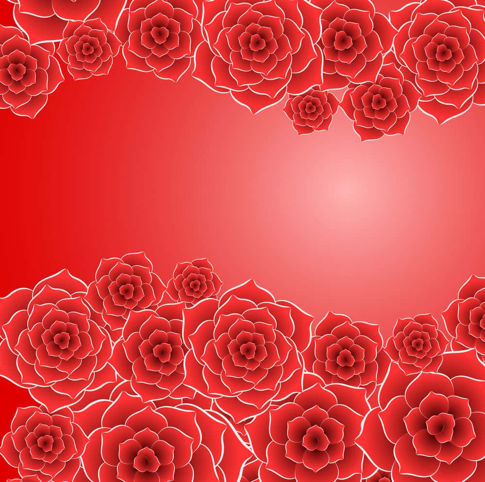 Beautiful Flower 桌布 壁紙 — 帶白色輪廓的鮮紅玫瑰框住漸變紅色背景的頂部和底部。