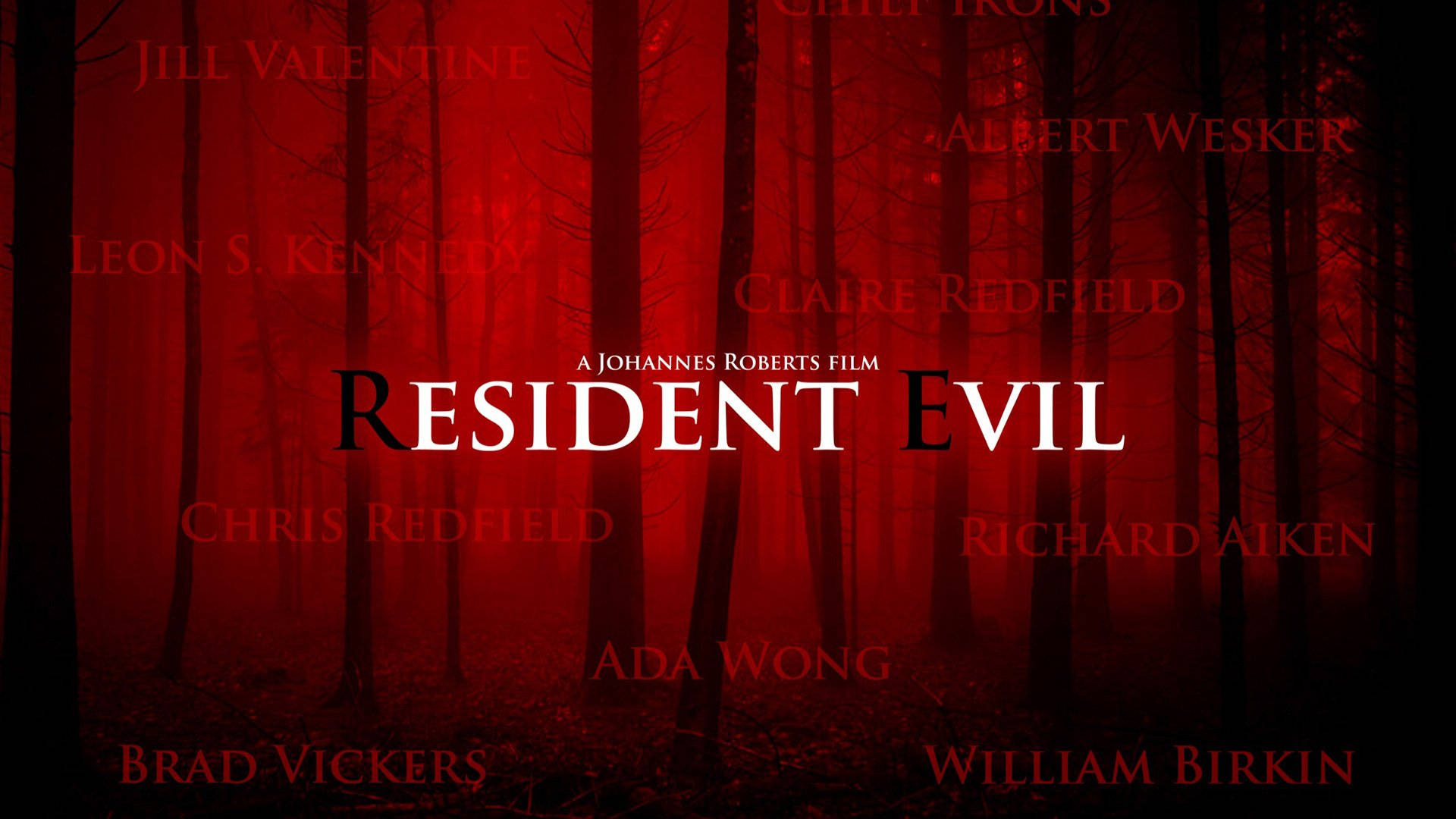 raccoon 桌布 壁紙 — 帶紅色調的森林背景，白色文字列出 Resident Evil 角色和製作人員名單。