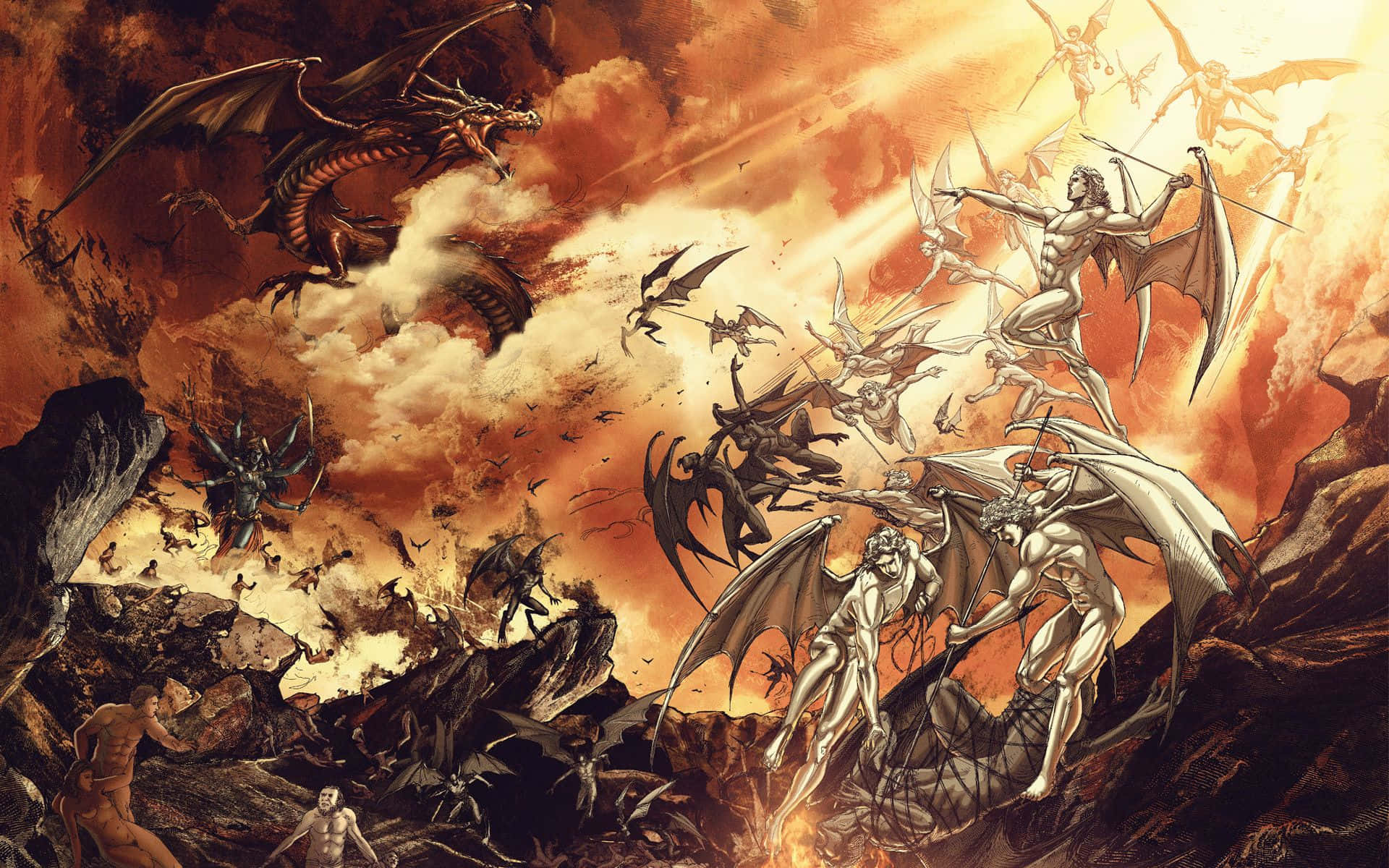 Hell 桌布 壁紙 — 帶翼的神聖戰士與惡魔龍和生物在崎嶇懸崖上進行熾熱的末日之戰。