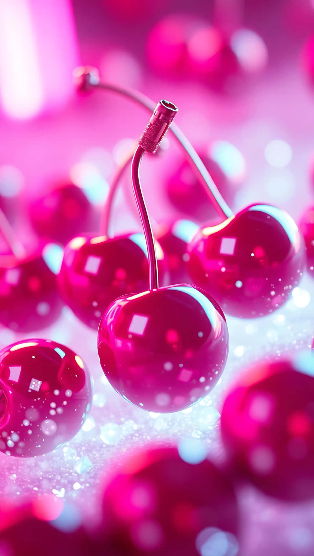 Cherry Neon Glow – Ultra-Lush Dark Fantasy 51-1 壁紙 — 帶莖的光澤粉紅櫻桃放在閃閃發光的表面上，背景是夢幻的粉藍色散景。