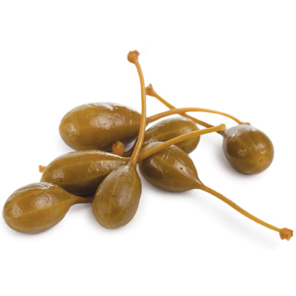 Fruit 桌布 壁紙 — 帶長莖的光澤綠色酸豆聚集在純白背景上。