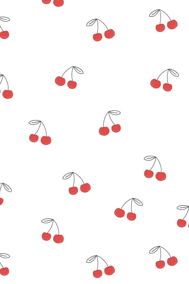 Red And White 桌布 壁紙 — 帶黑色莖的紅色櫻桃簇在潔白的背景上以俏皮分散的圖案漂浮。