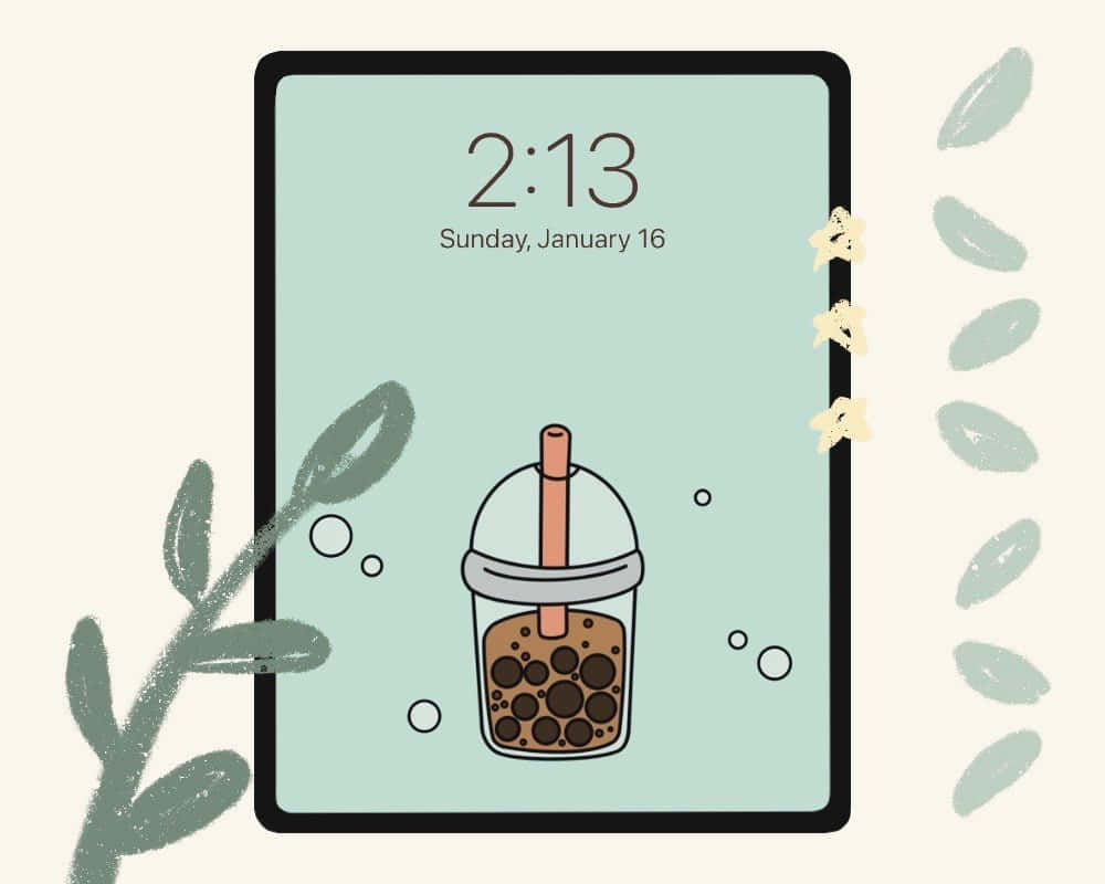 珍珠奶茶 桌布 壁紙 — 平板電腦螢幕上顯示的珍珠奶茶飲品的極簡數位插圖，周圍有裝飾性的葉子和星星。