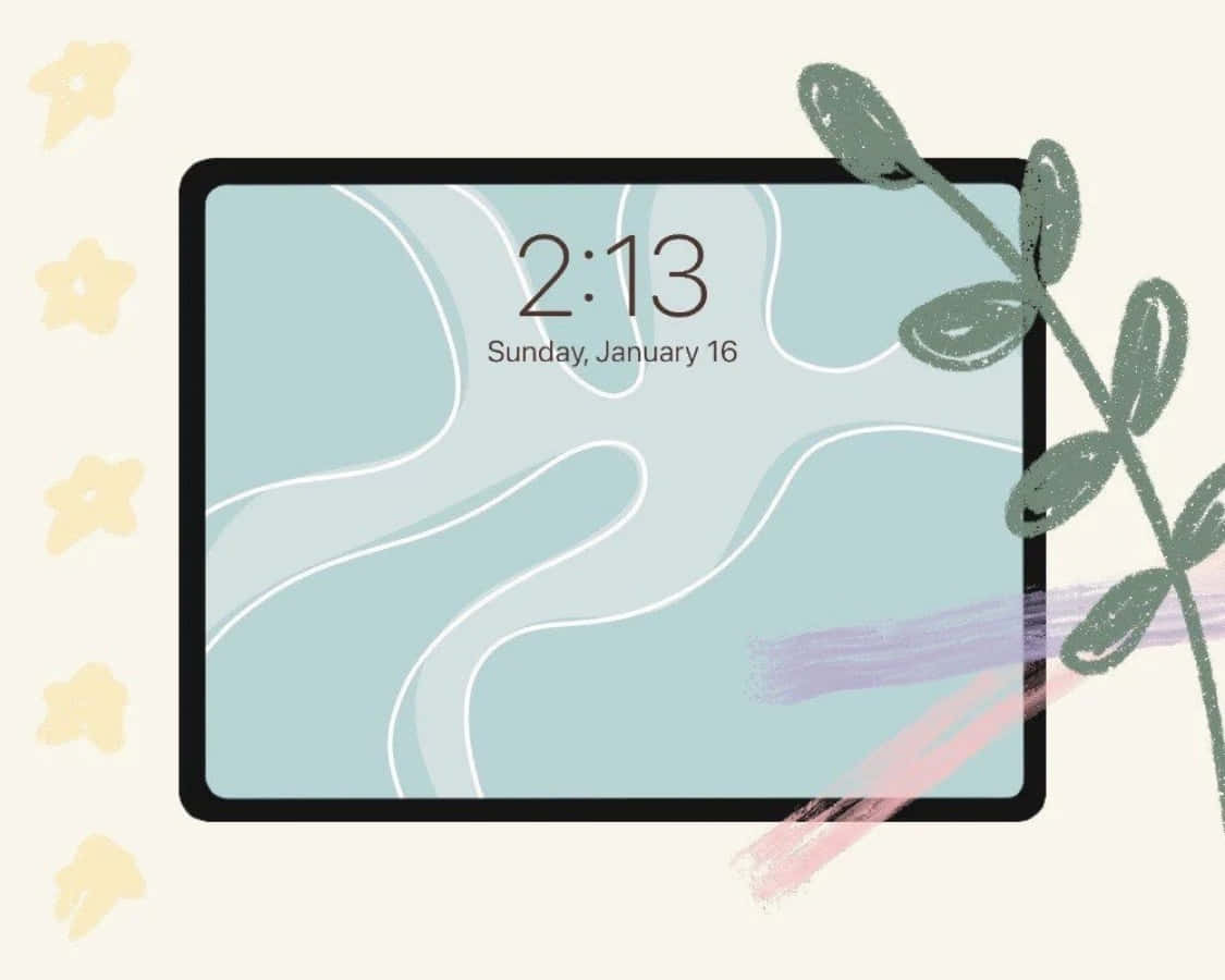 美學 iPad 壁紙 桌布 壁紙 — 平板電腦螢幕在柔和的藍色抽象背景上顯示時間和日期，並配有裝飾性的黃色星星和綠色樹葉。