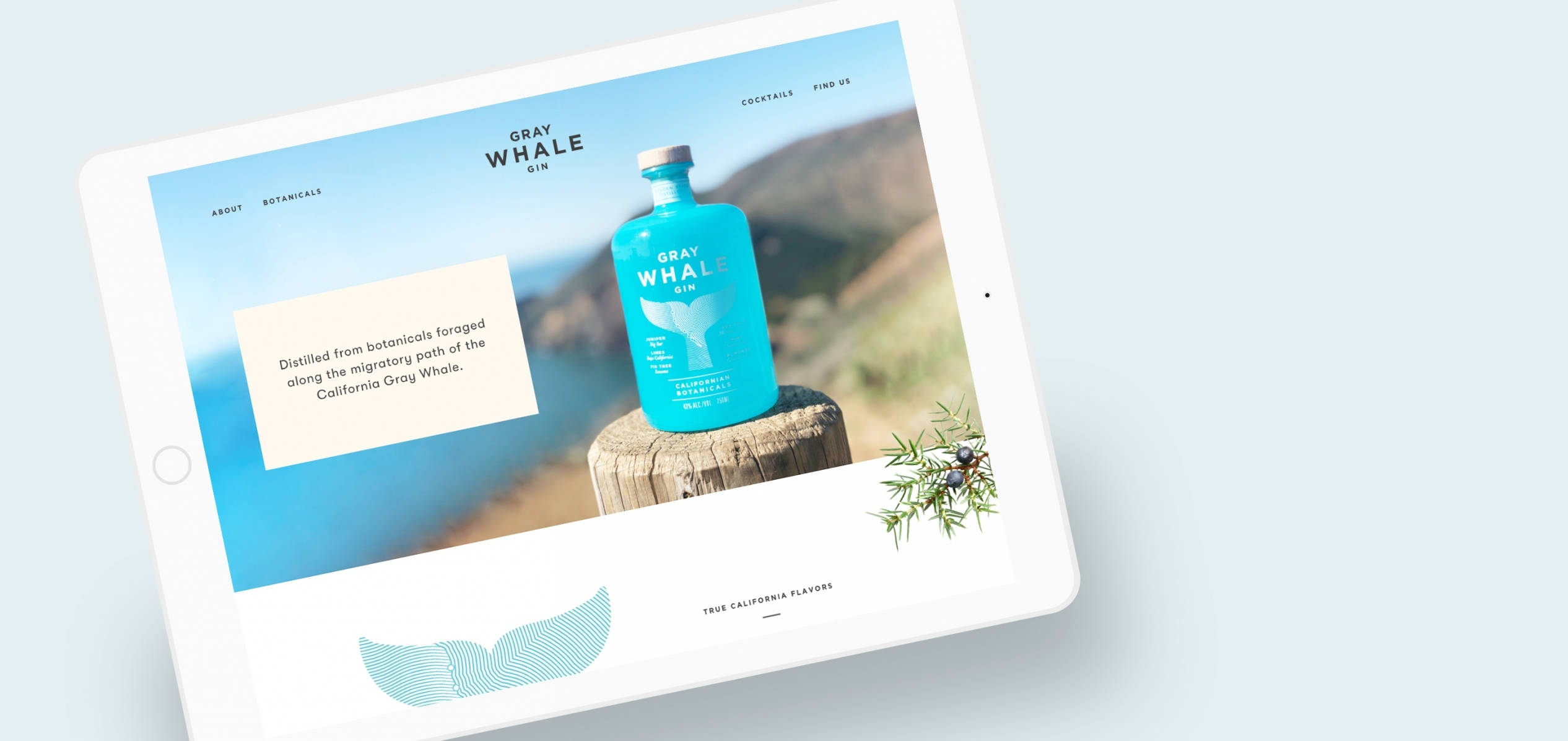 高清 桌布 壁紙 — 平板電腦顯示一個Gray Whale spirits網站，特色是一個放在木柱上的青綠色瓶子，背景為海岸風光。