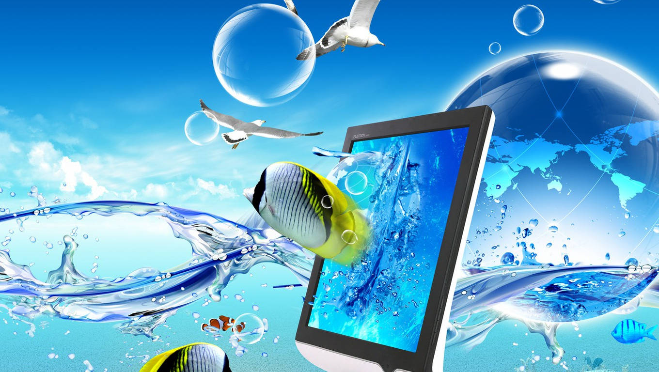 筆電 桌布 壁紙 — 平板電腦顯示一個充滿活力的海底場景，有魚和氣泡，海鷗在數位地球儀和飛濺的水面上翱翔。