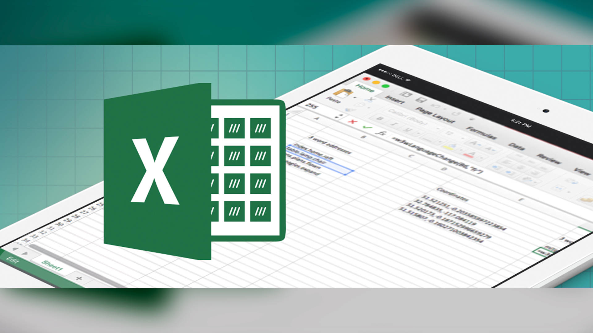 平板電腦 桌布 壁紙 — 平板電腦顯示一個開啟的 Excel 試算表，一個大型綠色 Excel 標誌覆蓋在儲存格網格上。