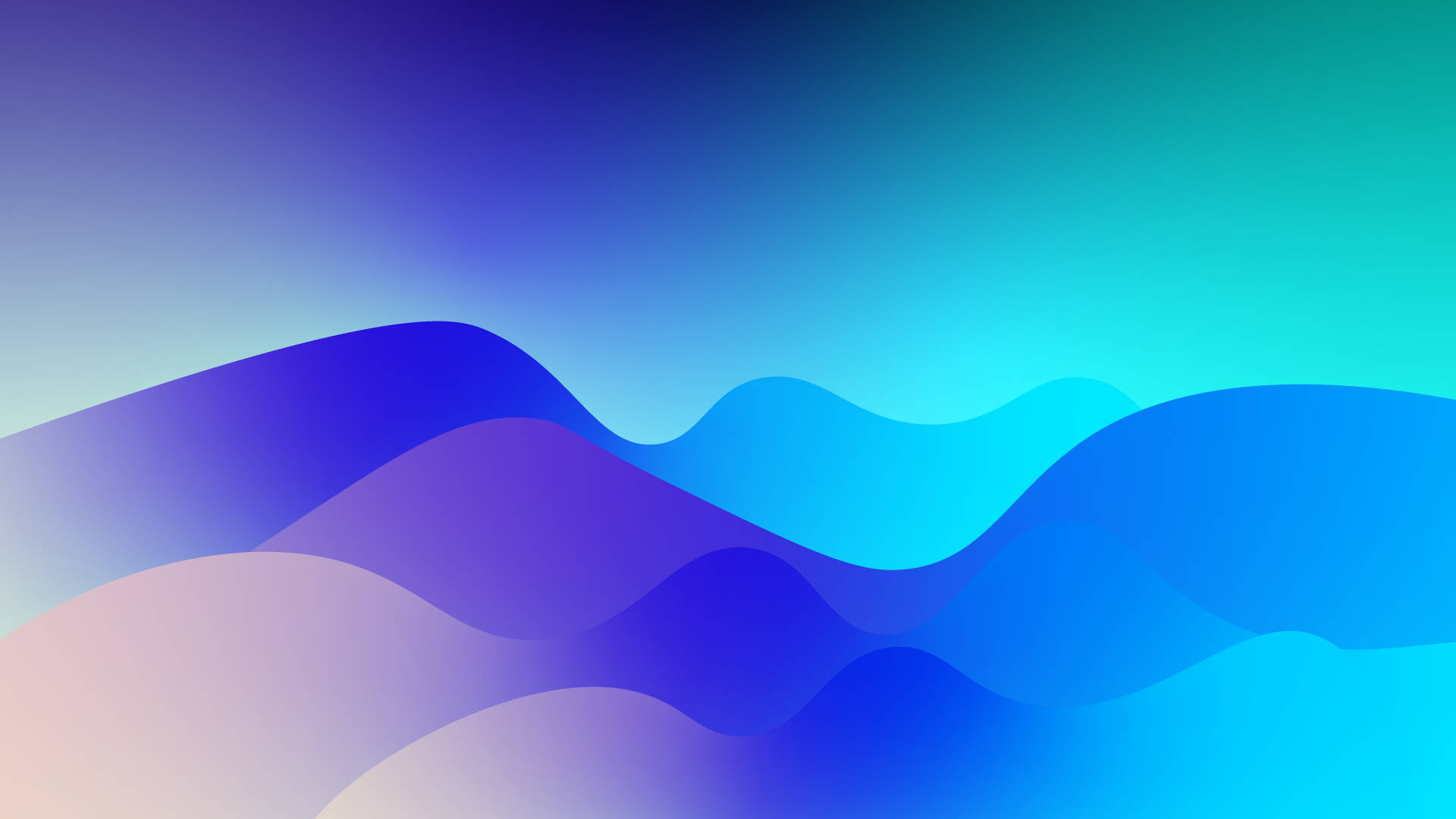 Cute Simple Aesthetic Desktop 桌布 壁紙 — 平滑流動的波浪，採用漸變藍色、紫色和青色，營造出寧靜的數位抽象景觀。