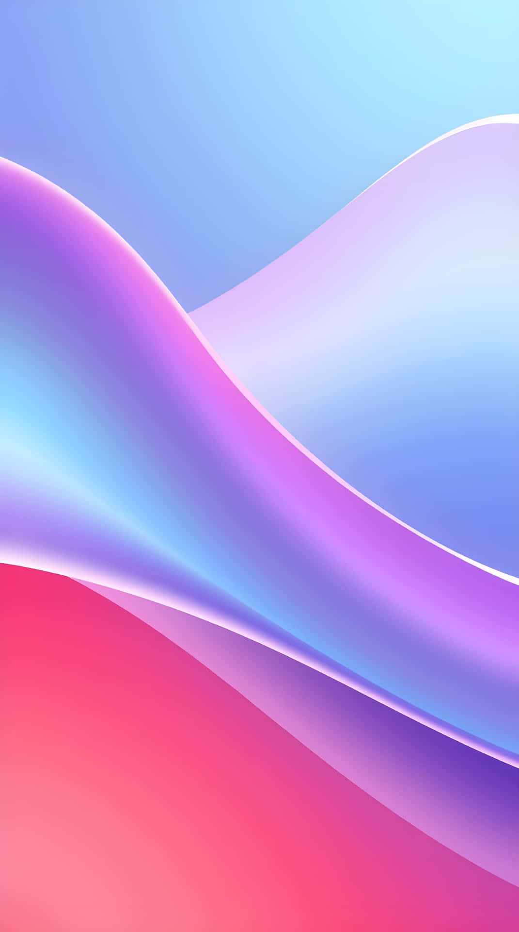 Vibrant Flowing Curves in Pink and Blue Gradient 壁紙 — 平滑流動的漸變紫藍色和粉紅色波浪，創造出柔和的抽象數位桌布。