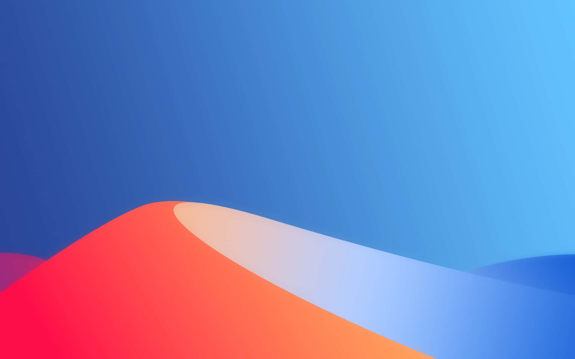 macOS Big Sur 動態桌布 桌布 壁紙 — 平滑的抽象波浪，由紅橙色和藍色漸層構成，以極簡數位設計流過畫面。
