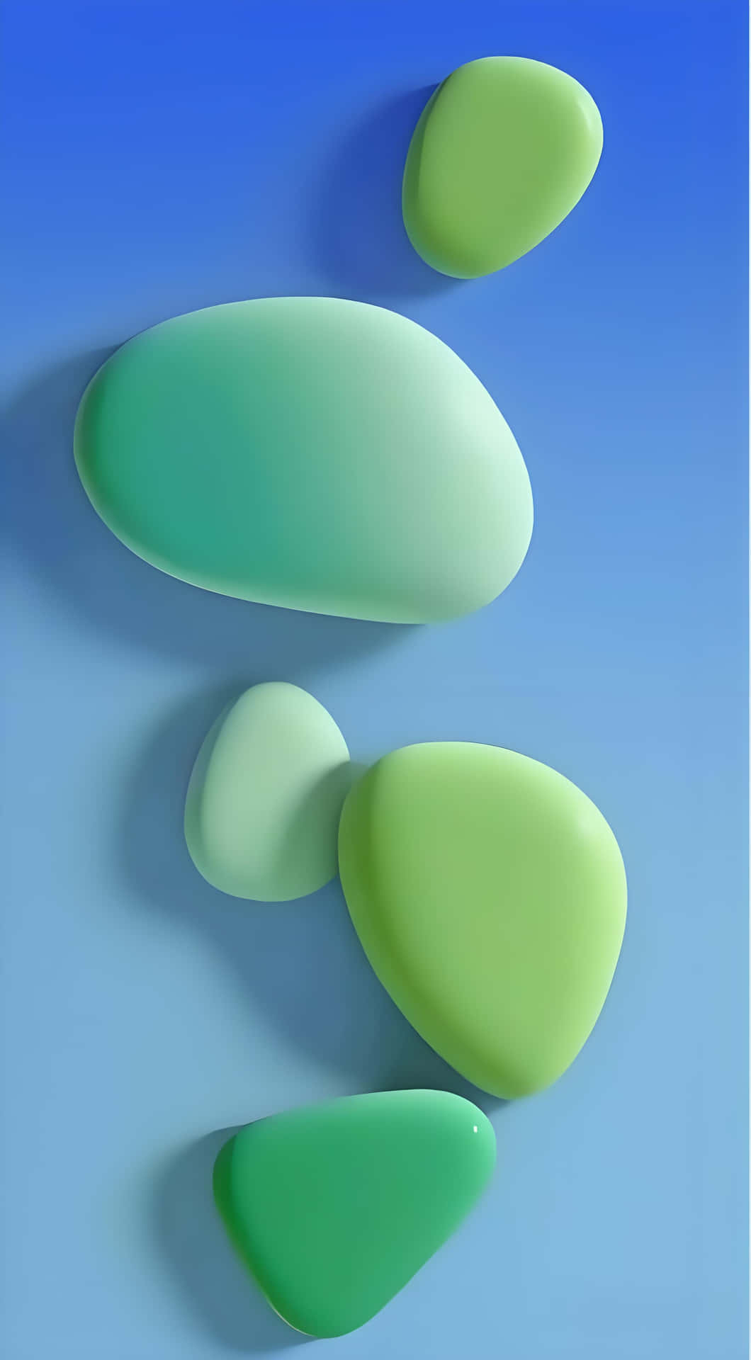 Green Gradient Stones: Fresh 3D Wallpaper 壁紙 — 平滑的漸變綠色石頭以對角線漂浮在寧靜的藍色漸變背景上。