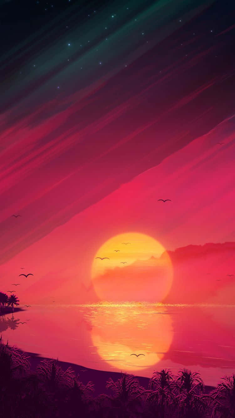 Sunset Painting 桌布 壁紙 — 平靜海洋上充滿活力的日落，棕櫚樹在佈滿星星的火紅天空襯托下形成剪影。
