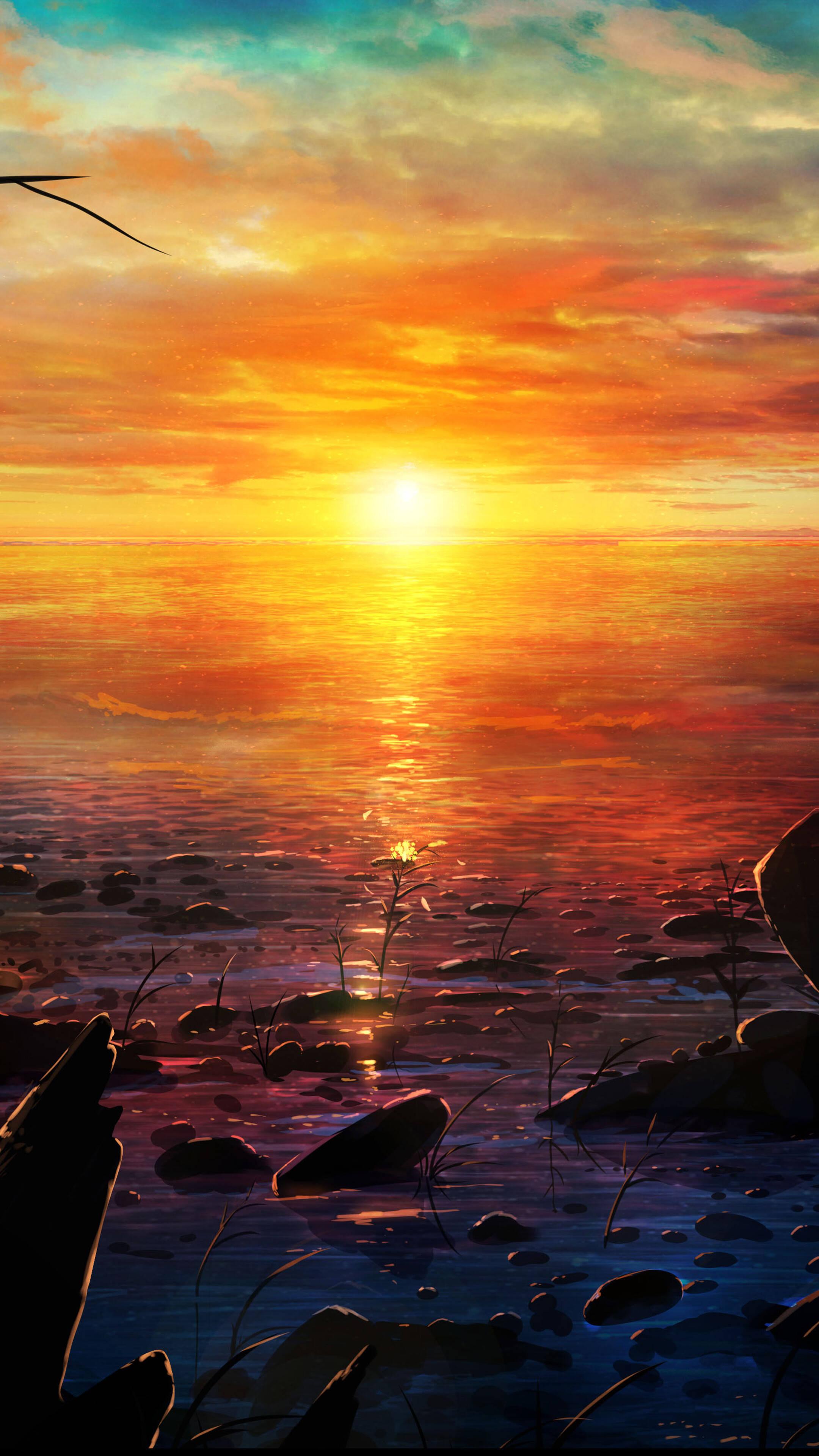 4K iPhone 11 桌布 壁紙 — 平靜海洋上充滿活力的日落，發光的橙色和粉紅色雲彩倒映在水面上，前景有岩石剪影。