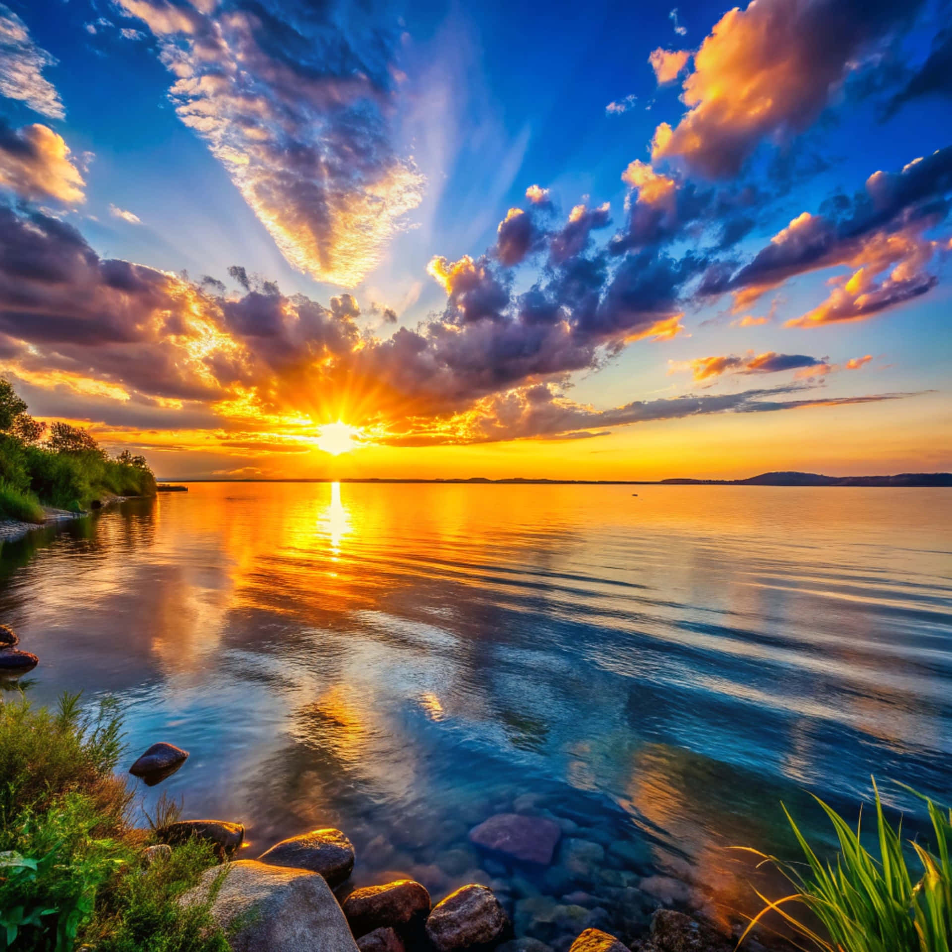 Sunset on the beach 壁紙 — 平靜湖泊上充滿活力的日落，金色光線穿過戲劇性的雲層，在岩石海岸附近的水面上反射。