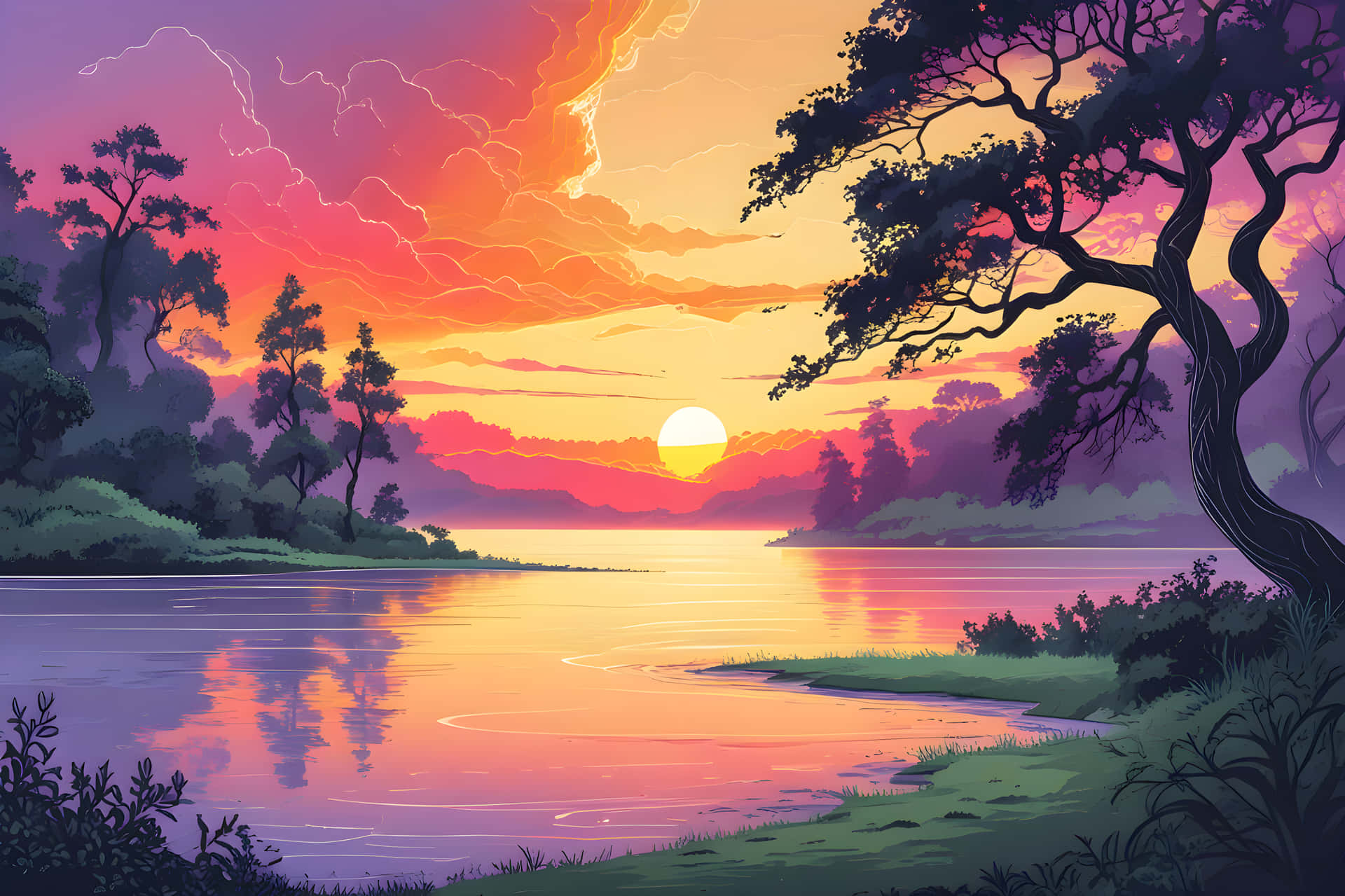 A natural painting art 壁紙 — 平靜湖面上的寧靜日落，充滿活力的橙色、粉紅色和紫色天空倒映在水中，周圍環繞著剪影樹木。