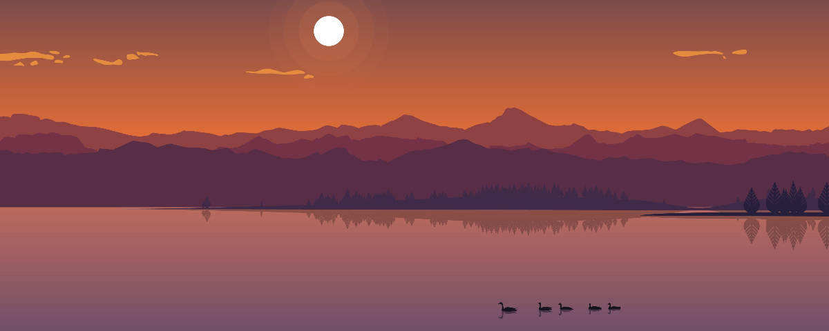Mountain Landscape 桌布 壁紙 — 平靜湖面上的寧靜日落，剪影山脈和前景中游泳的四隻鵝。
