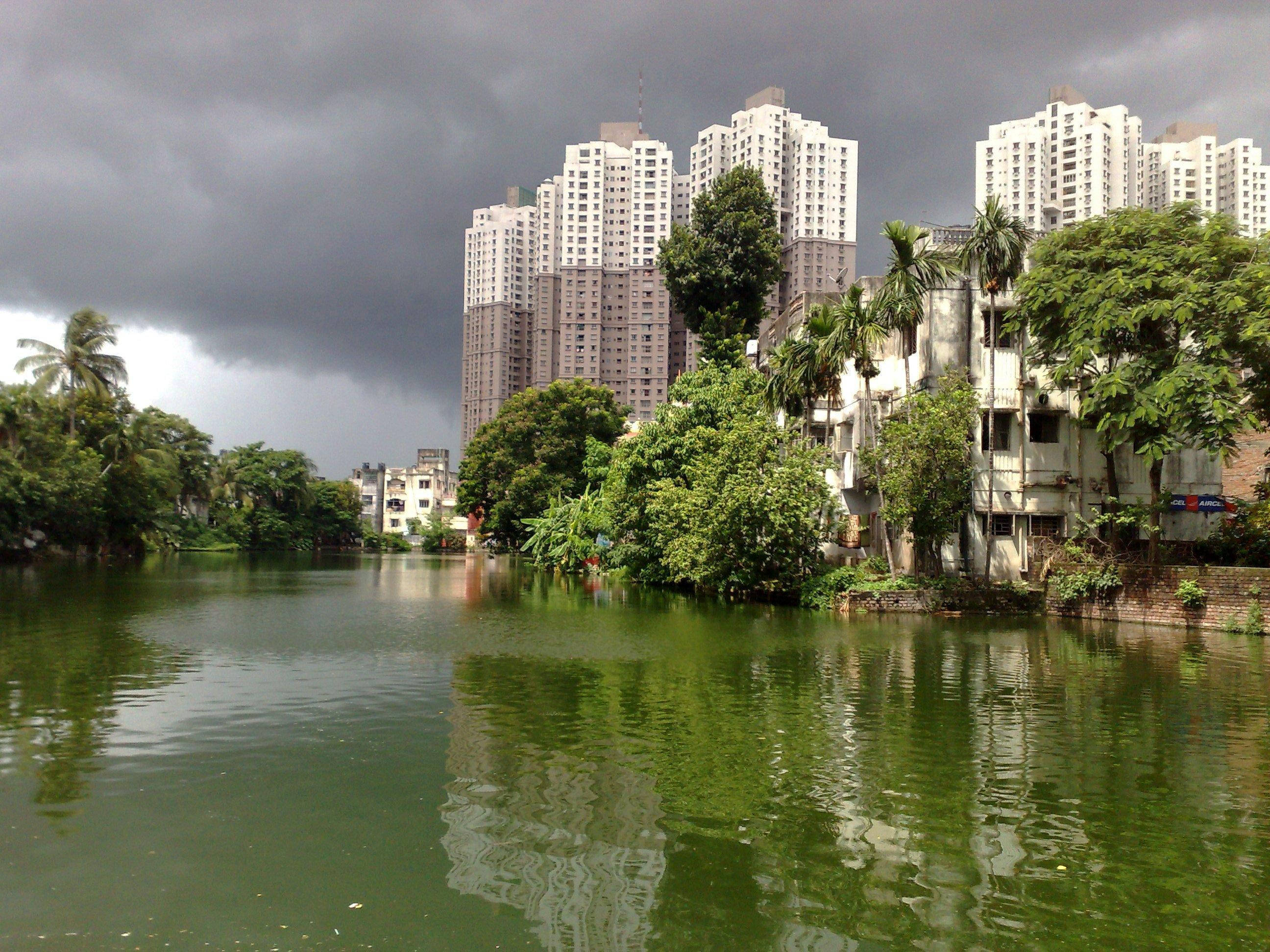 Kolkata 桌布 壁紙 — 平靜的綠色湖泊倒映著高聳的現代建築和茂密的熱帶樹木，天空烏雲密佈，風雨欲來。