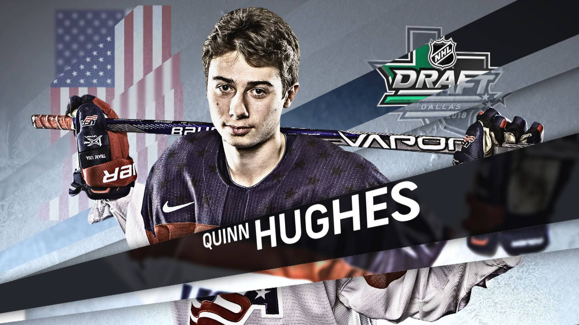 美國 桌布 壁紙 — 年輕冰球運動員Quinn Hughes穿著紫色球衣，在帶有美國國旗和NHL選秀標誌的動態背景前拿著球桿。