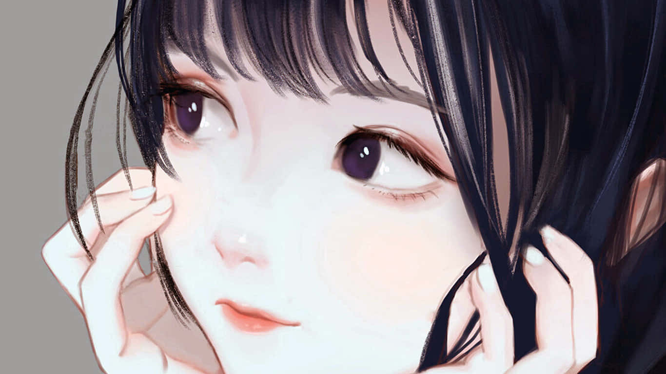 動漫女孩 桌布 壁紙 — 年輕動漫女孩的近距離特寫，深色頭髮和紫色眼睛，用柔軟的手輕輕觸摸臉龐。