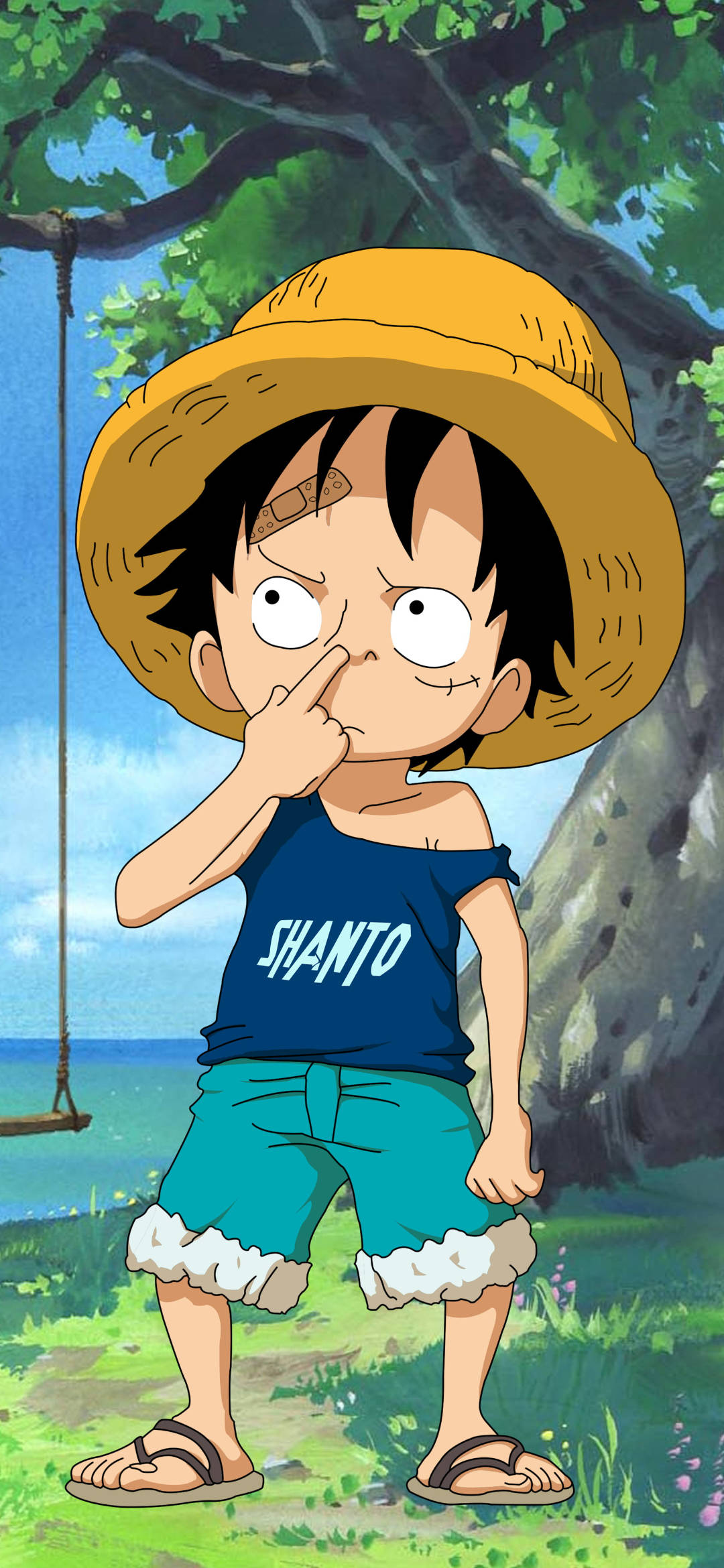 蒙其·D·魯夫 桌布 壁紙 — 年輕動漫男孩戴草帽穿藍色襯衫，在戶外樹下靠近海洋，手指放在鼻子上。