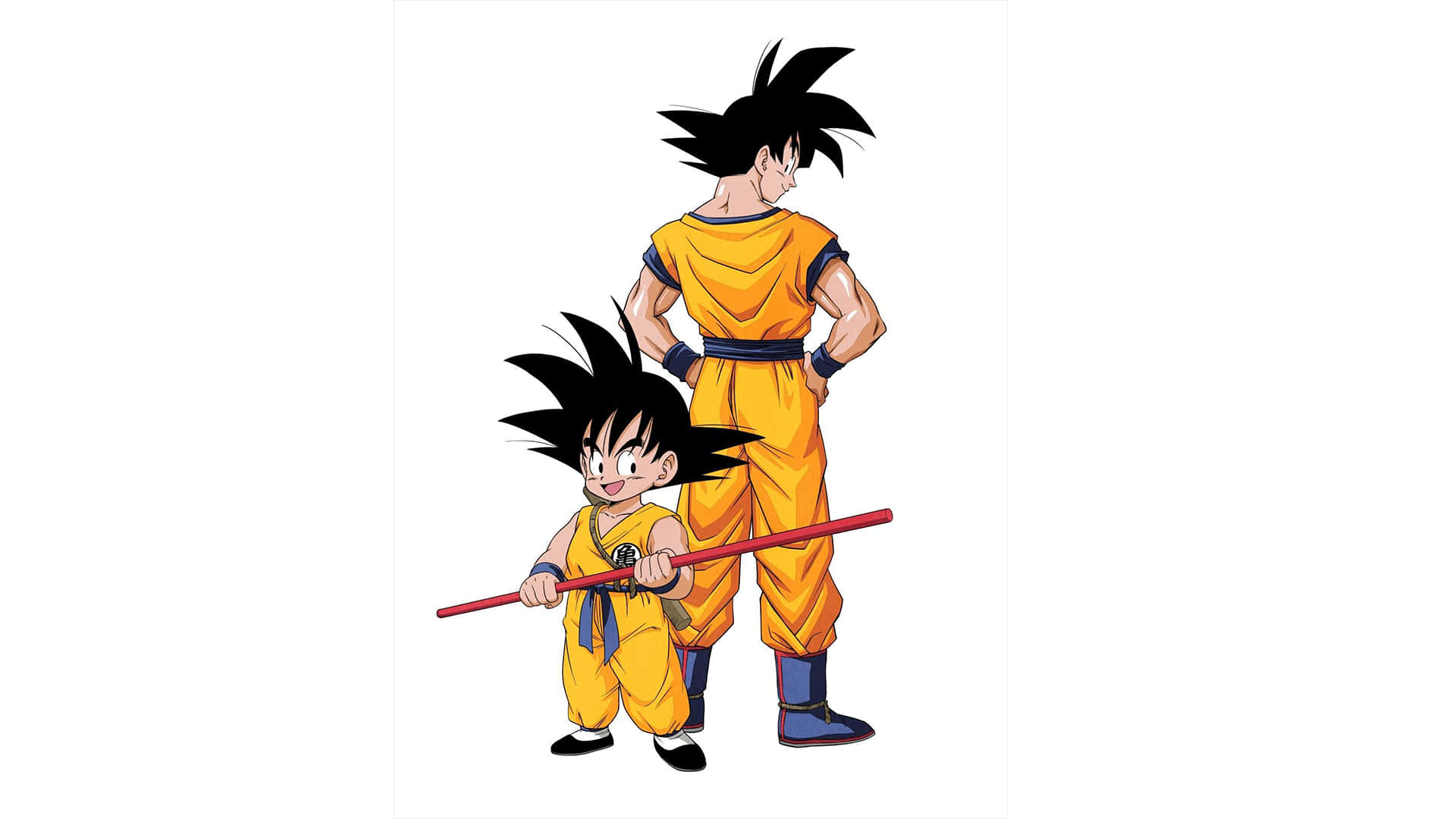 kid goku 桌布 壁紙 — 年輕和成年悟空背對背站立，身穿標誌性橙色道服，手持紅色棍棒，背景為純白色。
