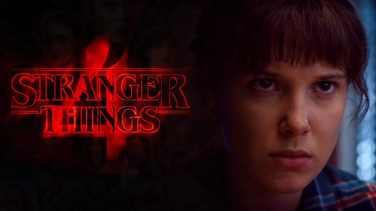 Stranger Things 4 桌布 壁紙 — 年輕女子特寫，在戲劇性的紅光下，雙眼充滿力量，背後閃爍著Stranger Things標誌。