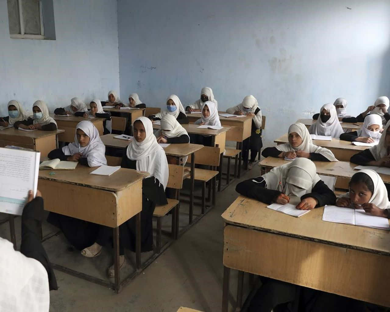Taliban 桌布 壁紙 — 年輕女孩戴著白色頭巾坐在簡樸教室的木桌旁專心學習。