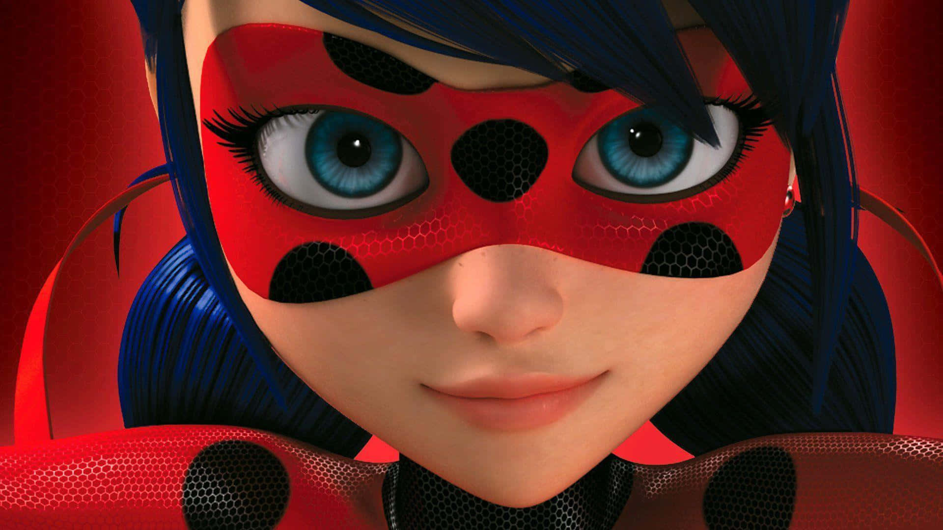 ladybug 桌布 壁紙 — 年輕女孩的近距離特寫，戴著紅黑圓點超級英雄面具，明亮的藍色眼睛和深藍色頭髮。