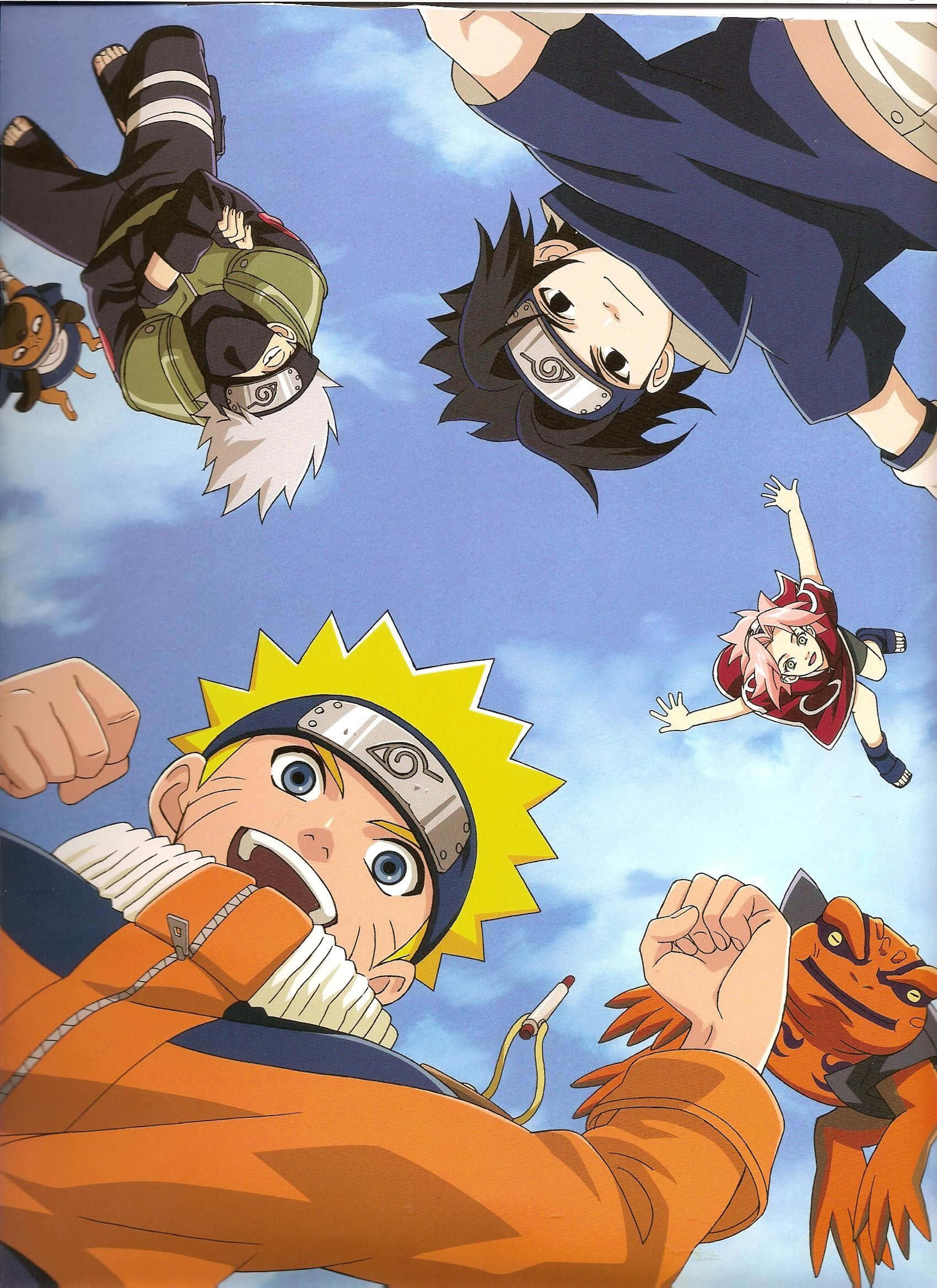 Naruto Team 7 桌布 壁紙 — 年輕忍者角色在動畫動作場景中動態跳躍，背景是明亮的藍天。